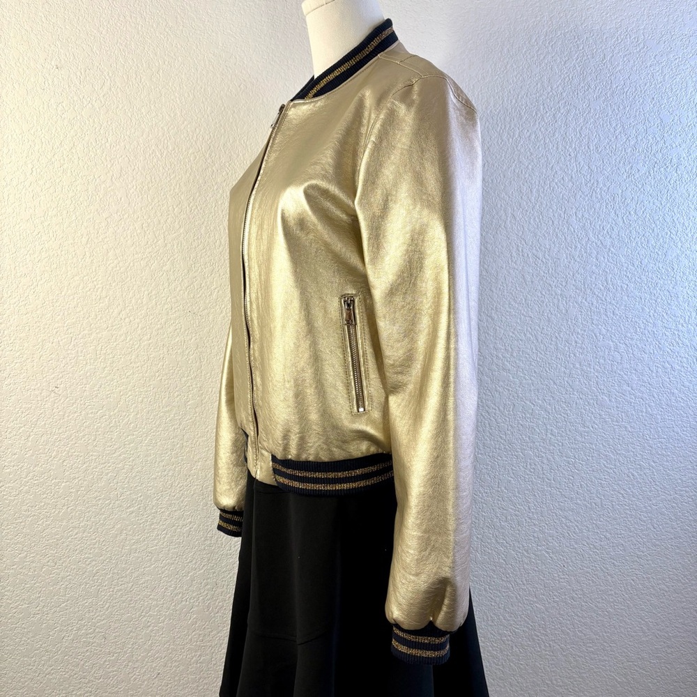 Gold Metallic Bomber Jacket — Full Zip, Rib Trim, Size M (Measurements Included) - Picture 3 of 6